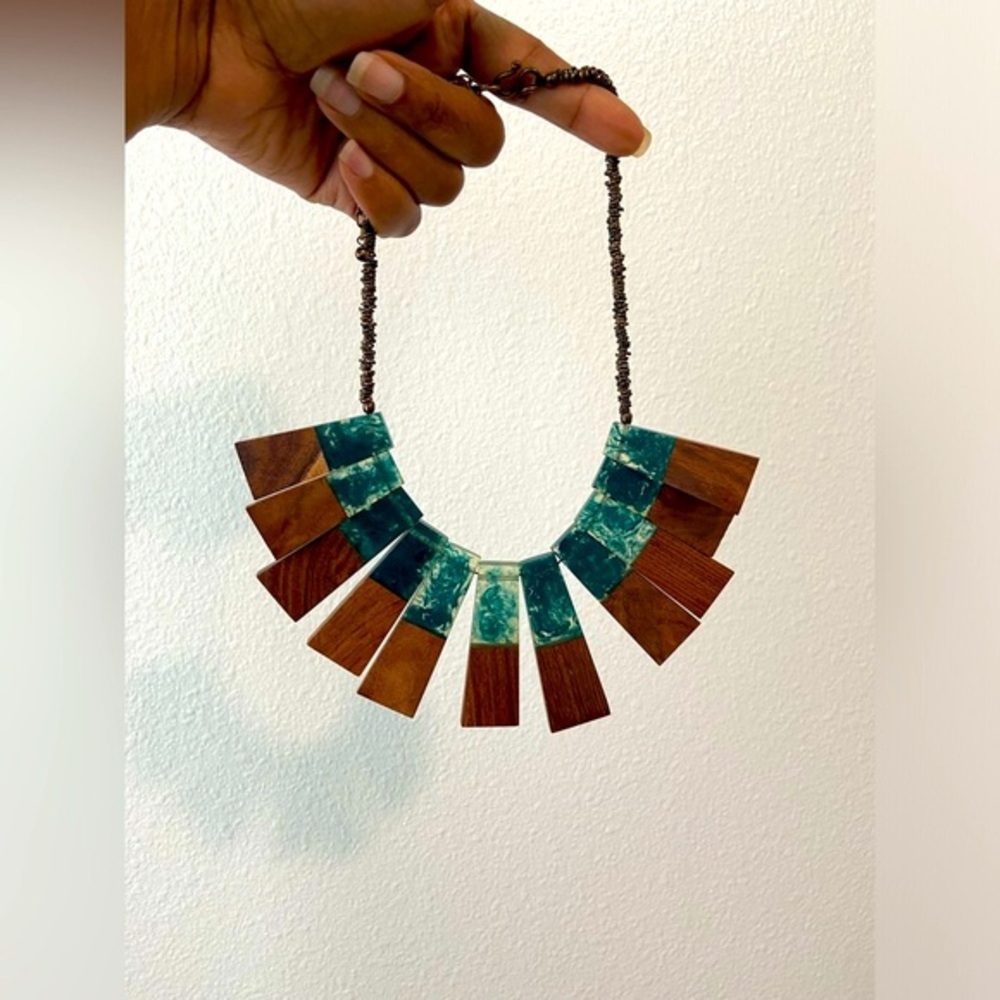 Vintage Handcrafted Wooden and Teal Necklace